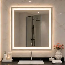 Espelho Quadrado Decorativo Jateado LED 3 Cores Touch Banheiro Quarto Sala Camarim 50x50 60x60 70x70 80x80