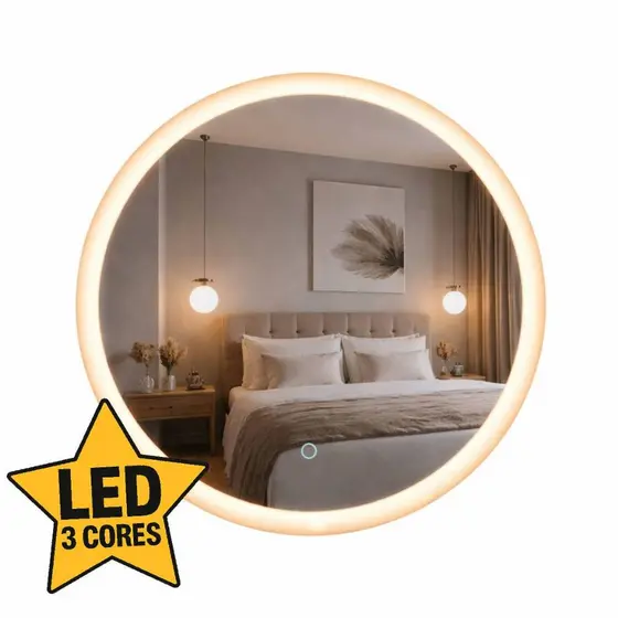 Espelho Redondo Borda Infinita com LED 3 Cores Jateado Iluminação Decorativa Parede Vários Tamanhos