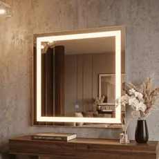 Espelho Quadrado Jateado com LED 3 CORES Botão Touch Decorativo Parede Prático Moderno