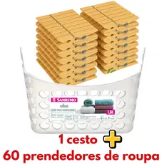 Kit 60 Pregadores De Roupa + 1 Cesto Porta Prendedor  Em Plástico 1,6l Fixação Varal Sanremo