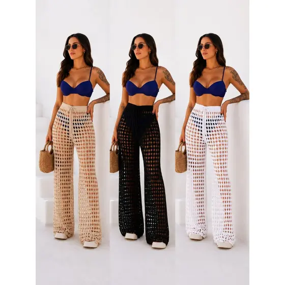 Calça Feminina Saída de Praia Tricô Crochê Slim e Plus Size Moda Verão Praia Piscina 2026