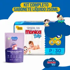 Kit 4 Pacote de Fraldas Turma da Mônica Baby P M G 12h Proteção + Sabonete Liquido Baruel