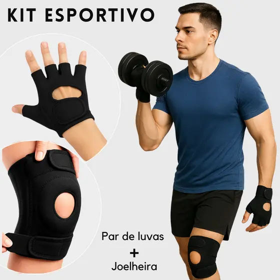 Kit Luva Academia Antiderrapante + Joelheira de Compressão Ortopedica