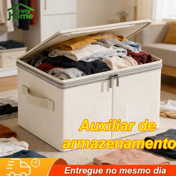 Caixa de armazenamento multifuncional de algodão e linho com capa transparente