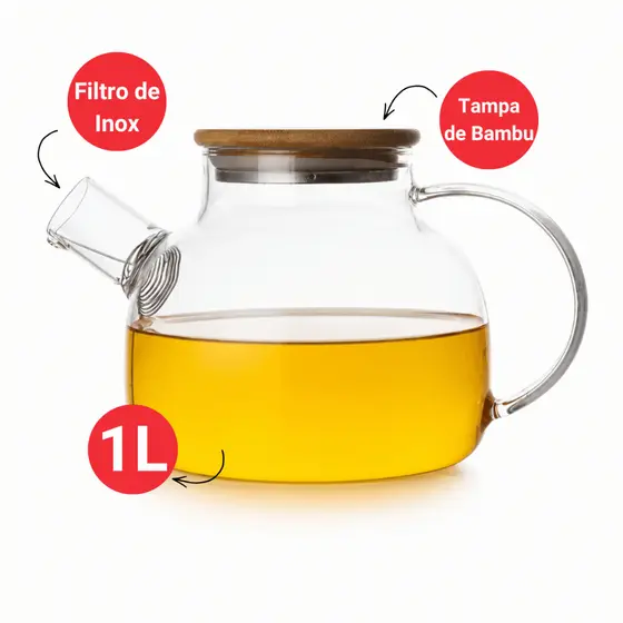 Chaleira de Vidro Borossilicato 1L para Chá e Café com Tampa de Bambu e Filtro Inox Premium