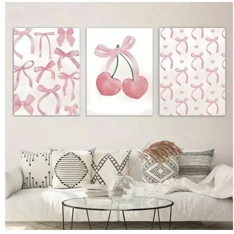 Quadros decorativos Laços rosa e cereja coquete para quarto (3 peças)