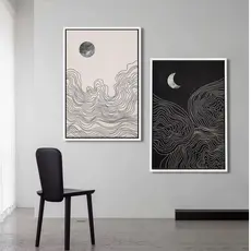 Quadros decorativos Abstrato Boho Preto, Branco, Sol, Lua, Moderno, Minimalista (2 peças)