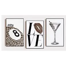 Quadros decorativos Funky sujo martini cocktail & leopardo sorte no.8 bola batom beijo (3 peças)