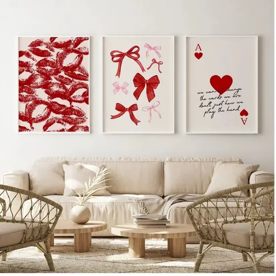 Quadros decorativos Arco laço rosa com impressão de lábios vermelhos (3 peças)