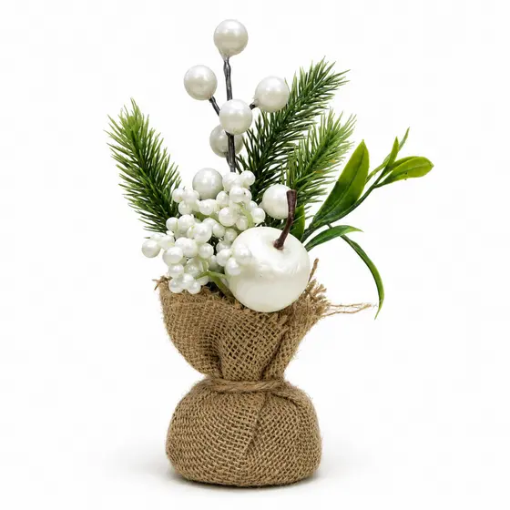 Enfeite Decorativo Natalino 22cm com Pinheiro Frutas Brancas e Base de Juta Decoração de Natal