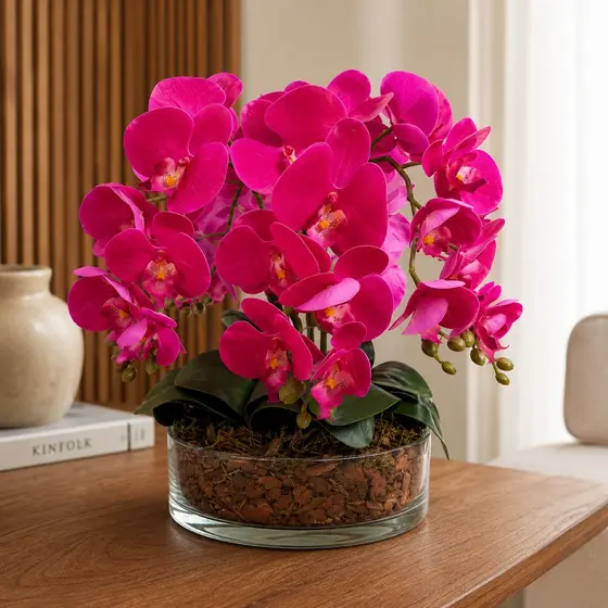 Arranjo Orquídea Silicone Toque Real 3D Vaso de Vidro Decorativo Montado Centro de Mesa Flor Artificial Lilas