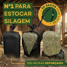Saco para Silagem Preto e Branco 51x110 cm 200 Micras 50 Unidades com Abraçadeiras Silo Milho Ração
