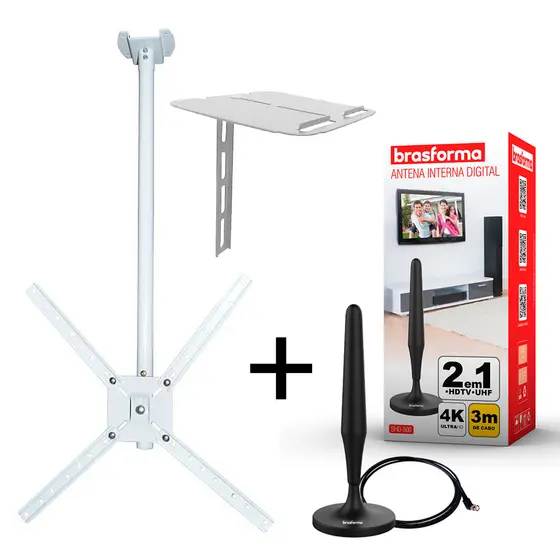 Suporte TV de Teto Preto Giratório Resistente + Antena Digital Interna Comércio Consultório Hospital