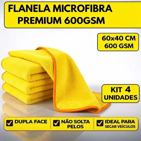 Kit 4 Flanela Microfibra Premium 60x40cm Super Absorção