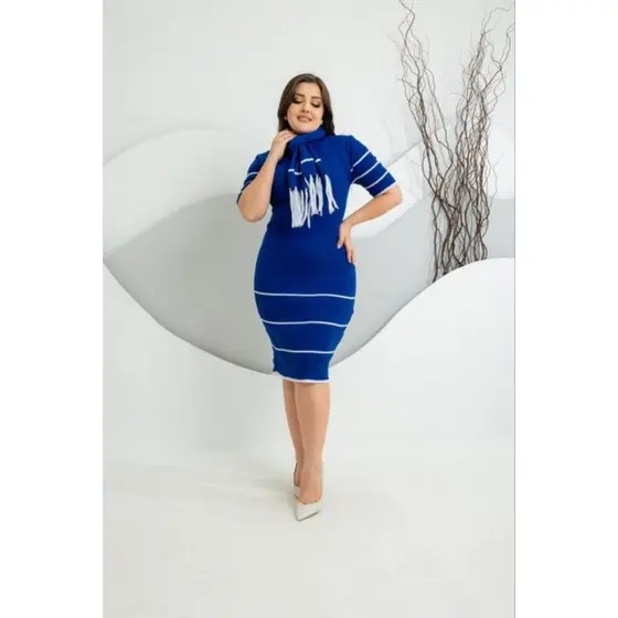 vestido MIDI canelado listra manga curta com cachecol e sem cachecol