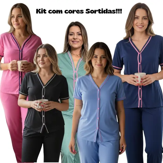 Kit 2 Pijamas Feminino Amamentação, cirurgico com botões Meia Manga com calça Malha Cor Sortida