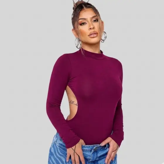 Body Feminino Manga Longa Poliamida Costas Nuas Moda Gringa
