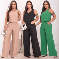 Conjunto Social Feminino Alfaiataria Blusa Regata Calça Pantalona Wide Leg Luxo