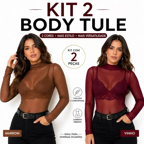 Kit 2 Body Tule Transparente Manga Longa Estilo Blogueiras Tamanho Único Moda Tendência