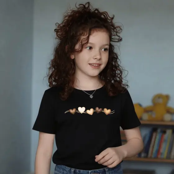 Camiseta Infantil Estampada Criança 5 Corações Interligado 100% Básica Manga Curta Unissex Masculina e Feminino Básica