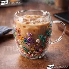 Xícara Caneca de vidro duplo com flores artificiais no interior 250ml