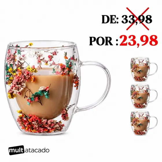 Xícara Caneca de vidro duplo com flores artificiais no interior 250ml VIDRO DUPLO MESA DE JANTAR COZINHA