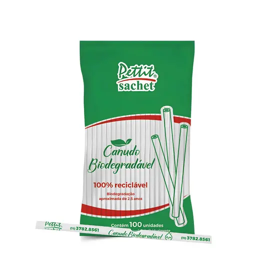 Canudo Biodegradável Transparente Liso 100Uni 8x21 Petit Sachet Embalado Reciclável Drinks