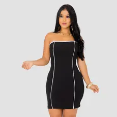 Vestido Feminino Tomara que Caia Bicolor Malha Canelada  Com Bojo Moda  e Tendência 2025