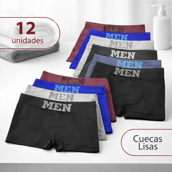 Kit 12 Cuecas Boxer Masculina Lisa Microfibra Conforto e Resistência Sem Costura