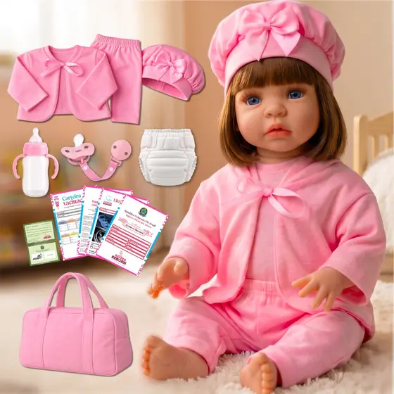 Bebê Reborn Boneca Realista Promoção 100% Vinil Siliconado Morena Rosa Kit Bolsa Maternidade