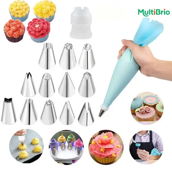 Kit Saco de Confeiteiro 24 Peças - Conjunto Profissional com Sacos Reutilizáveis e Bicos para Decoração Básica