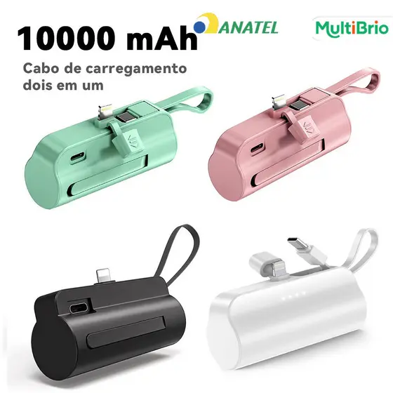 Recarga Rápida Sem Fio: Mini Power Bank 10000mAh 2em1 com Entradas iPhone e USB-C