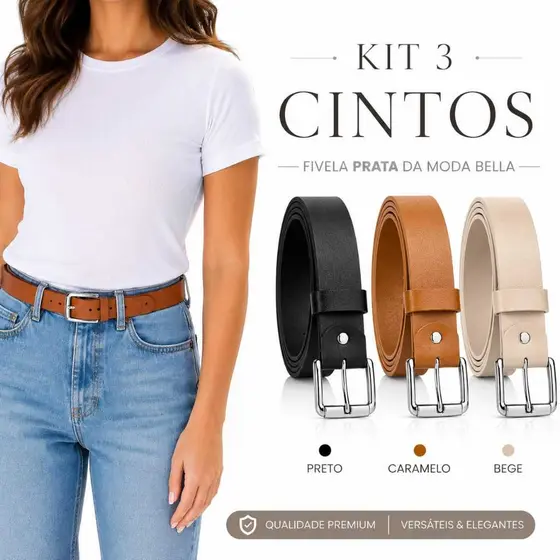 Kit 3 Cintos feminino 2,5 cm Largos - Fivela Prata da Moda- Bella