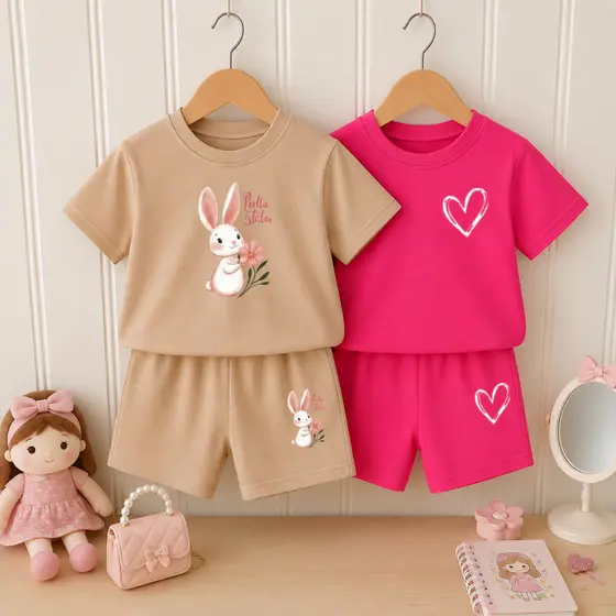 Kit Infantil 4 peças menina short e camiseta bege coelhinha pink coração