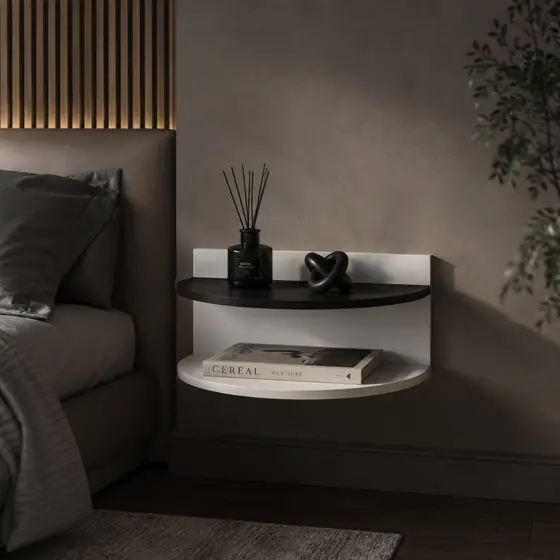 Mesa de Cabeceira Pequena Suspensa Branca e Preta para Cabeceira de Cama
