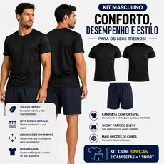 Kit Short Marinho + 2 Camisetas Masculina  Esporte Treino Dryfit, Academia Corrida