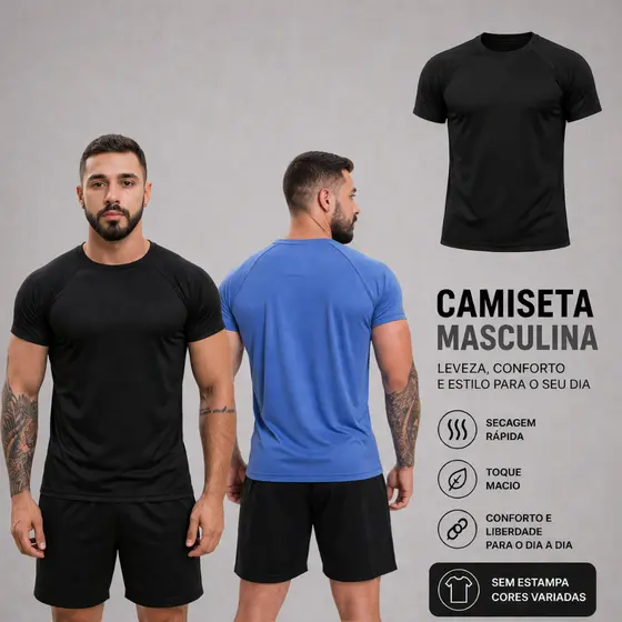 Camiseta Masculina Manga Curta Fitness, Academia, Treino, Esporte, Corrida Dry Fit Prote莽茫o