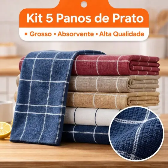 Kit 5 Panos de Prato Felpudo Algodão Grosso Alta Absorção Premium
