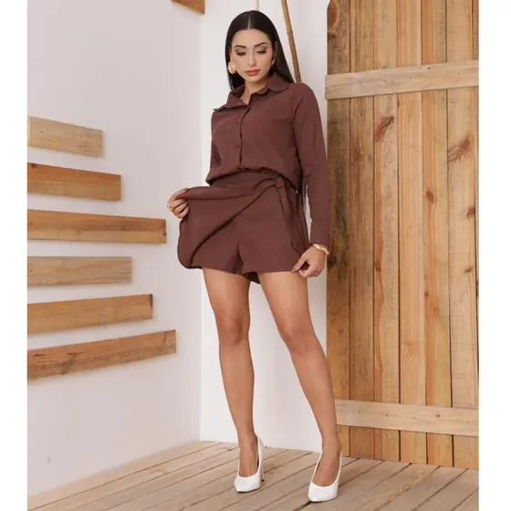 ⁠Conjunto Feminino Elegante Linho Premium Short Saia Envelope e Camisa