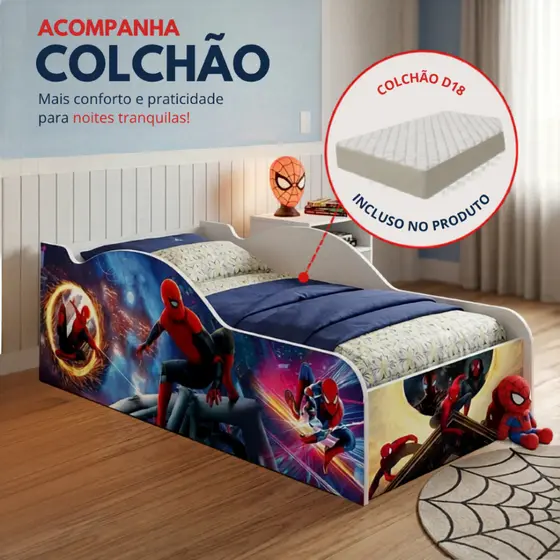 Cama Carro Homem Aranha Tamanho Juvenil Infantil em MDF com Colchão e Grades de Segurança