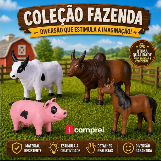 Kit 4 Animais Da Fazenda Mini Touro + Vaca + Cavalo + Porco Em Vinil Macio Brinquedo Fazendinha