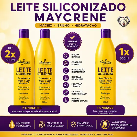 💚 LEITE SILICONIZADO MAYCRENE 500ml – SEM ENXÁGUE | MACIEZ, BRILHO E CONTROLE DO FRIZZ