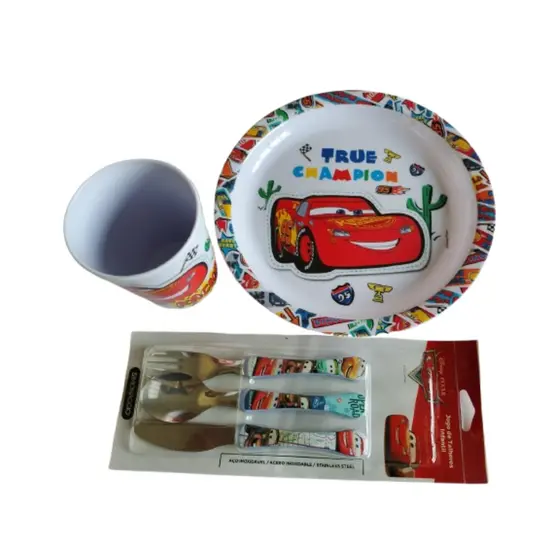 Kit Infantil Carros Disney 3 Peças | Prato Fundo, Copo e Talheres