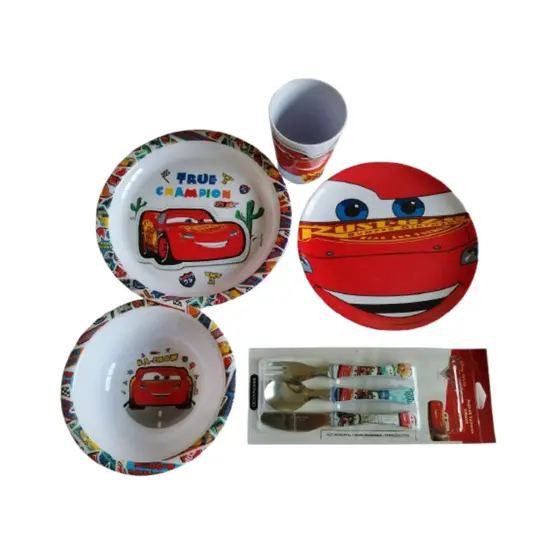 Kit Infantil Carros Disney 5 Peças | Prato Fundo, Raso, Bowl, Copo e Talheres