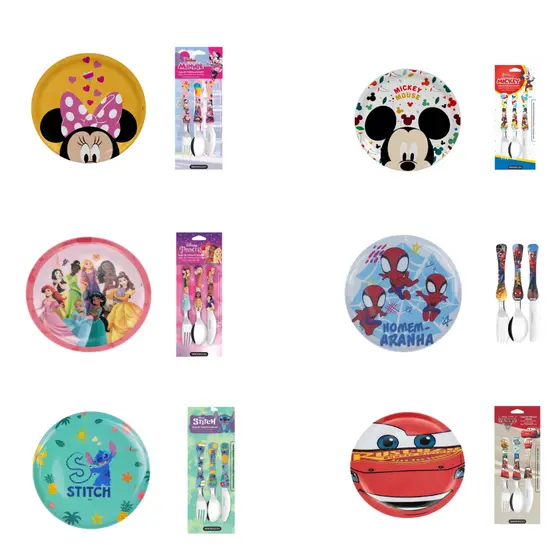 Kit refeição Infantil Personagens 2 Peças Prato Raso e Talheres