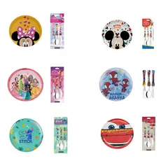 Kit Infantil Personagens 2 Peças Prato Raso e Talheres