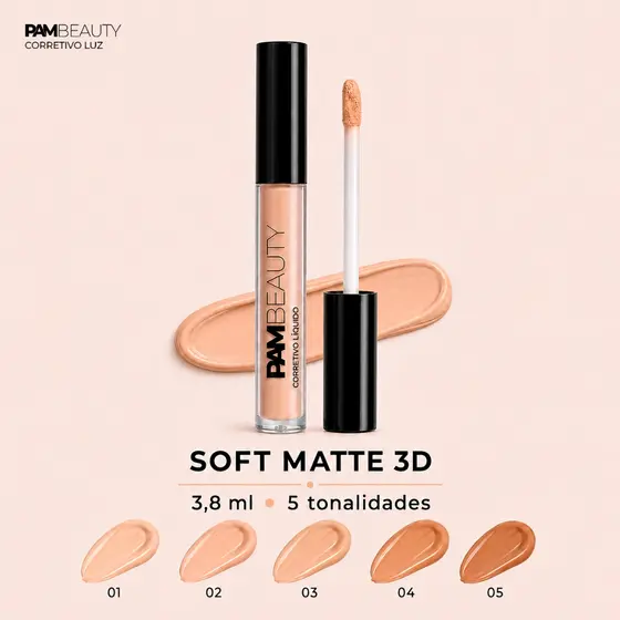 Corretivo Líquido PAM Beauty Luz para Olheiras Alta Cobertura Ajustável Soft Matte 3D Longa Duração 3,8ml