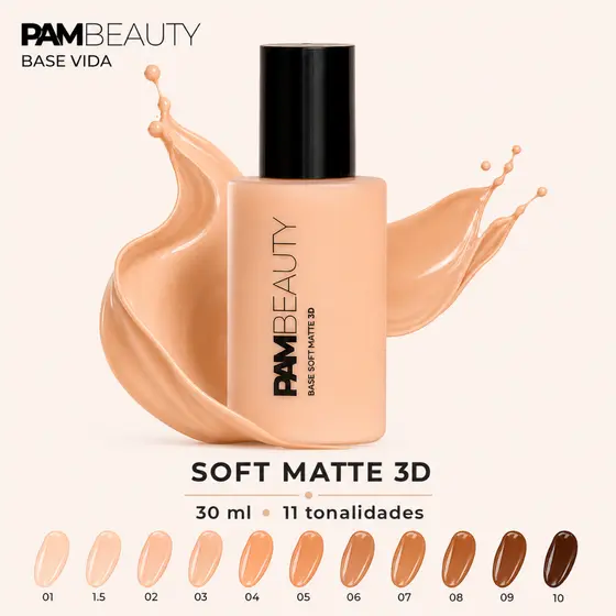 Base Líquida Facial PAM Beauty Vida 30ml Soft Matte 3D Controle de Oleosidade Resistente à Água e Suor