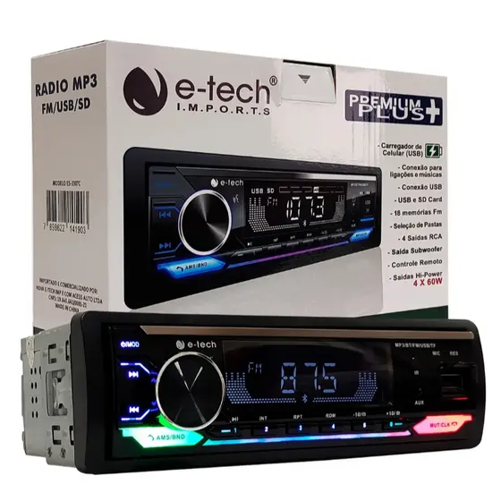 Radio Carro Mp3 Premium Plus Bluetooth Carrega Celular 4x60w E-Tech Forte RGB