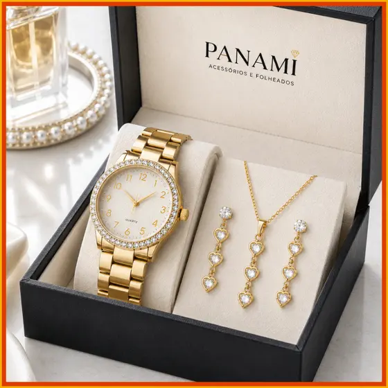 kit rel贸gio feminino, rel贸gio feminino dourado, colar e brinco, conjunto feminino, kit presente feminino, cora莽茫o, zirc么